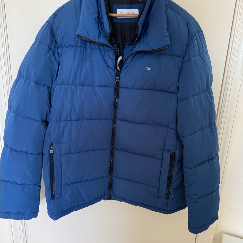 Calvin Klein Royal Blue Quilted Puffer Jacket with High Collar